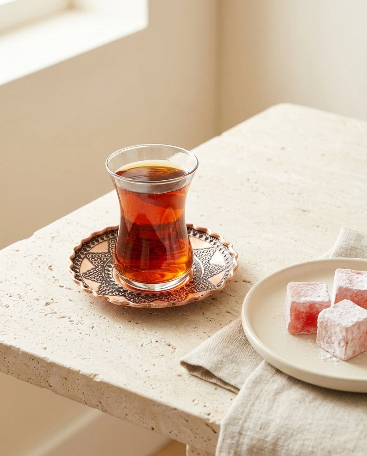 Taş zemin üzerinde bakır bardak altlığında sunulan çay ve yanındaki tabakta lokumlar - Gaziantep Bakırcılık