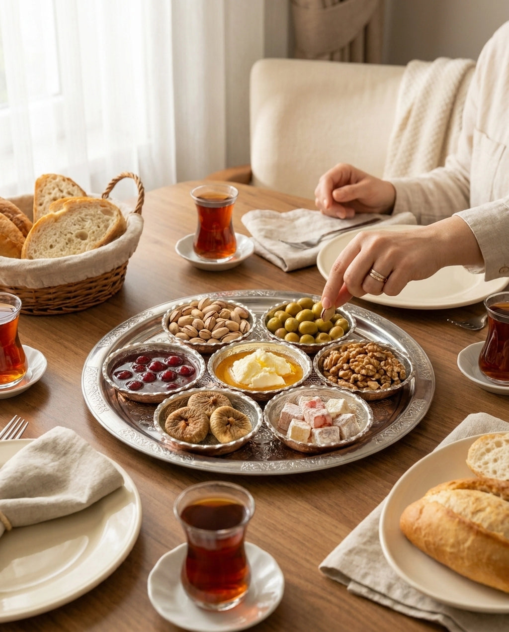 Şık sofrada işlemeli kâseden zeytin alan bir kişinin el görünümü. - Gaziantep Bakırcılık