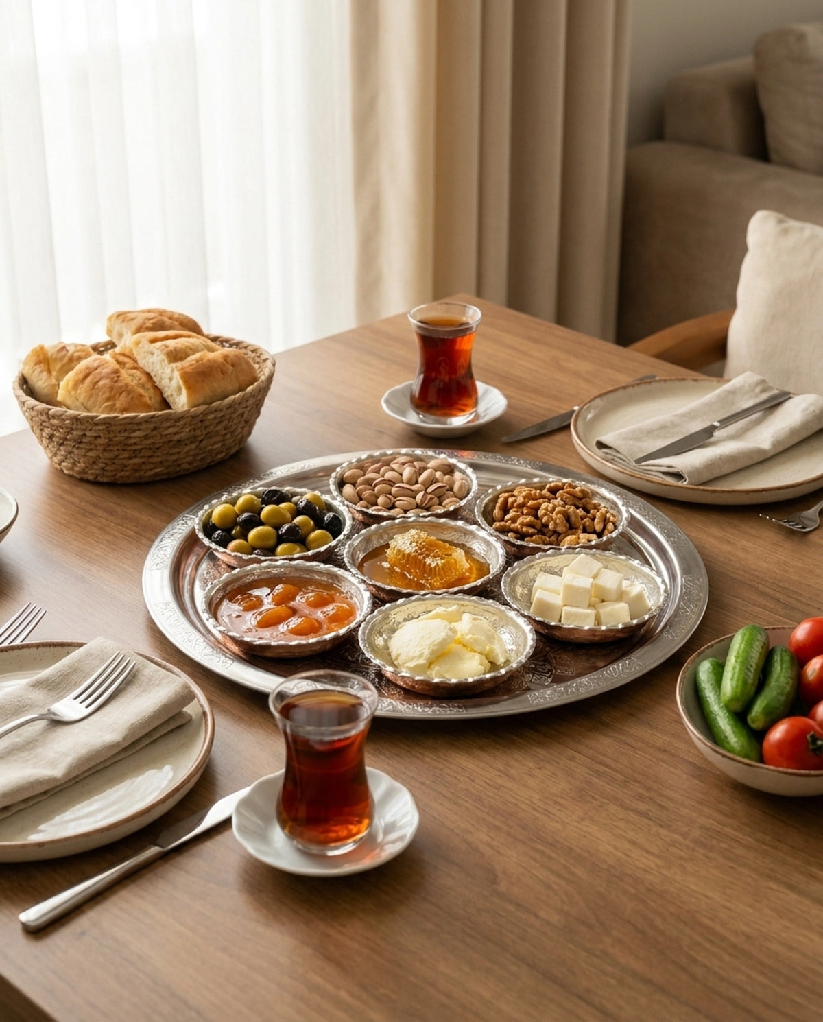 Çay, ekmek ve kahvaltılıklar eşliğinde şık ahşap masada kahvaltı sofrası. - Gaziantep Bakırcılık