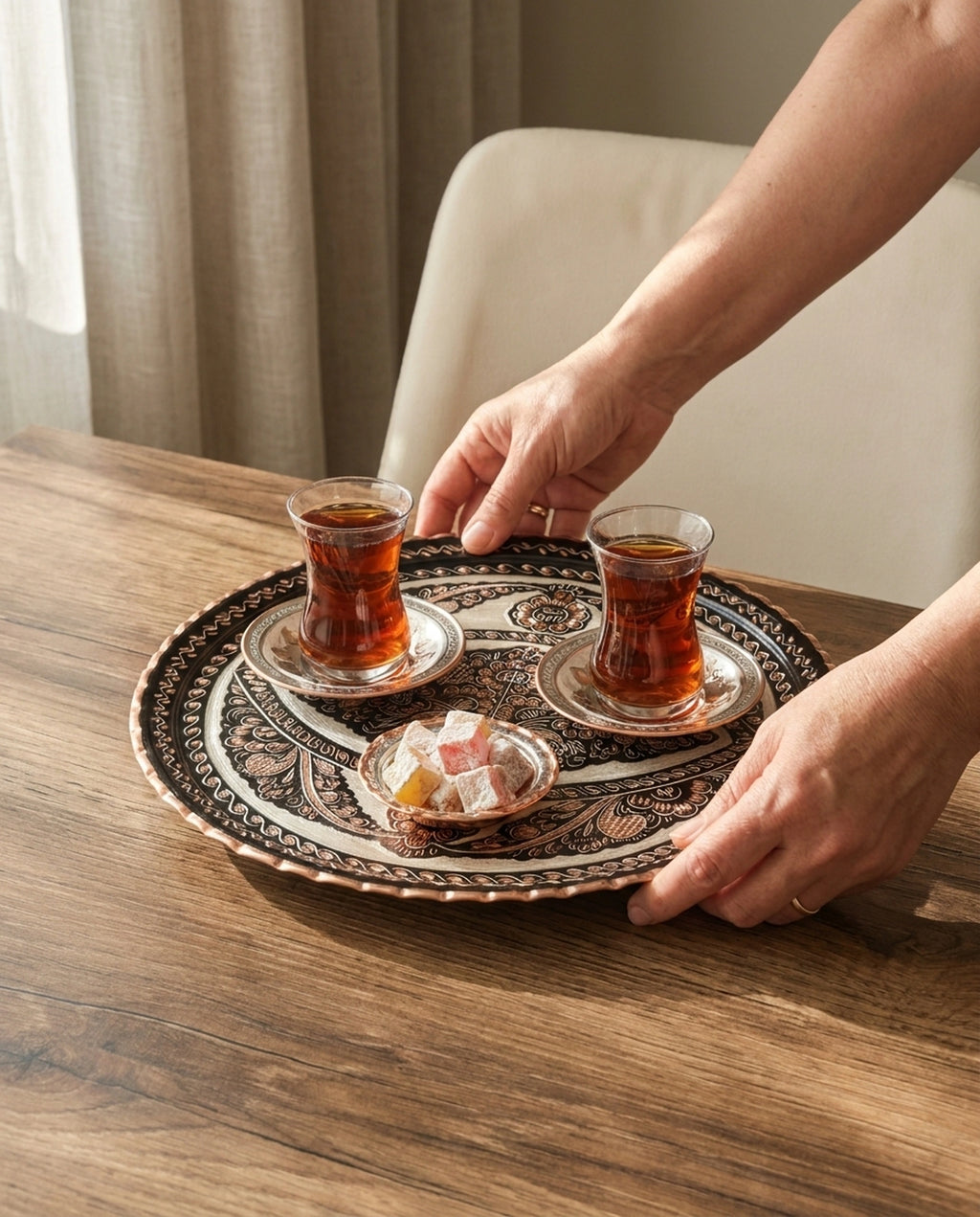 İşlemeli bakır tepsi üzerinde iki bardak çay ve lokum ile elde taşınarak yapılan sunum. - Gaziantep Bakırcılık