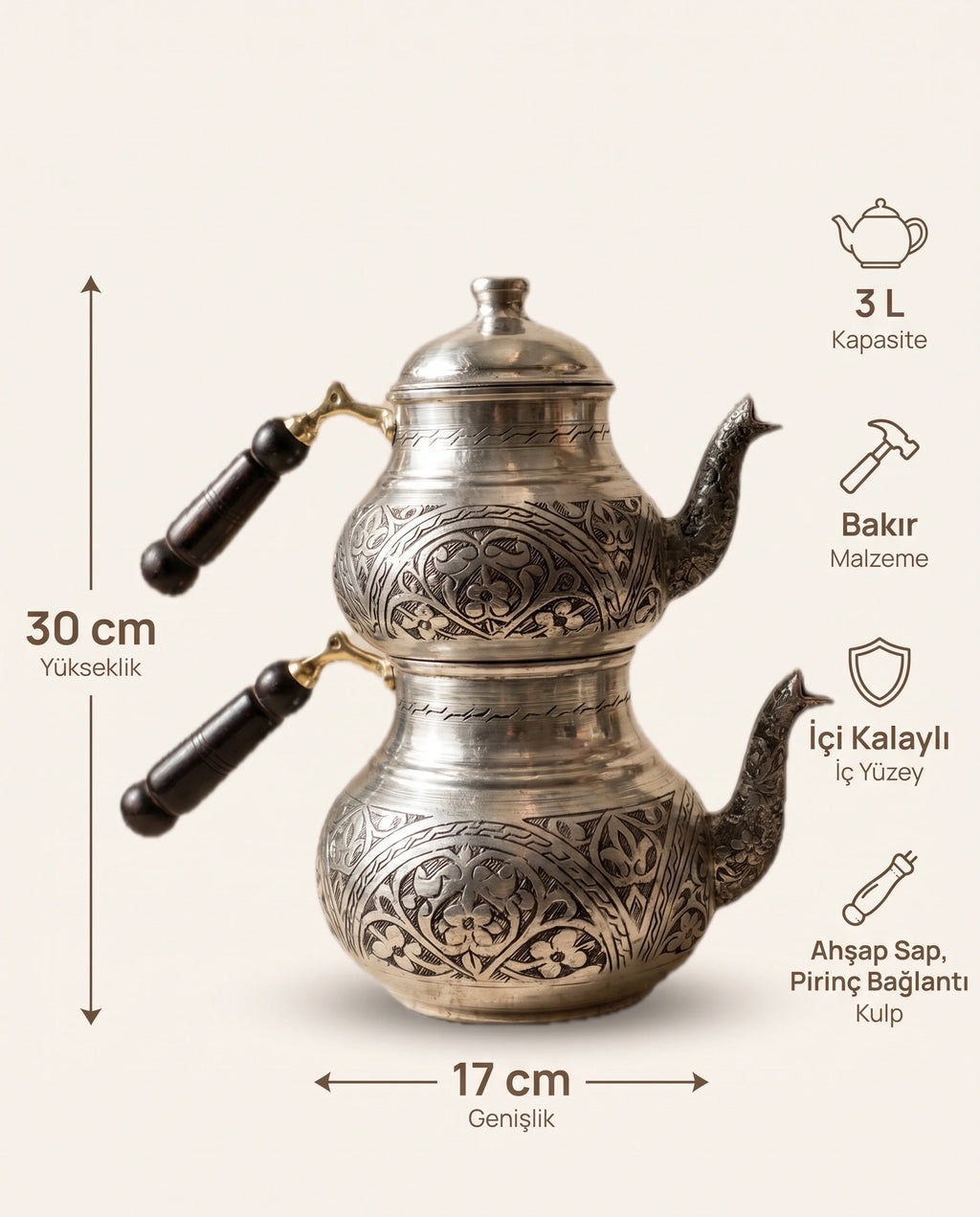 İşlemeli Beyaz Kalaylı 3 Litre Aile Boyu Bakır Çaydanlık - Bilgi İnfografiği - Gaziantep Bakırcılık