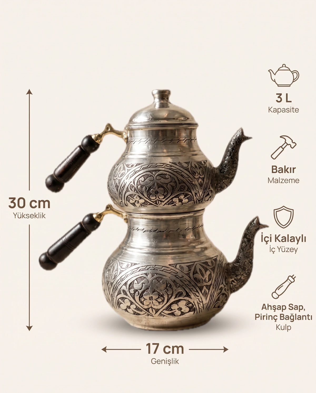 İşlemeli Beyaz Kalaylı 3 Litre Aile Boyu Bakır Çaydanlık - Bilgi İnfografiği - Gaziantep Bakırcılık