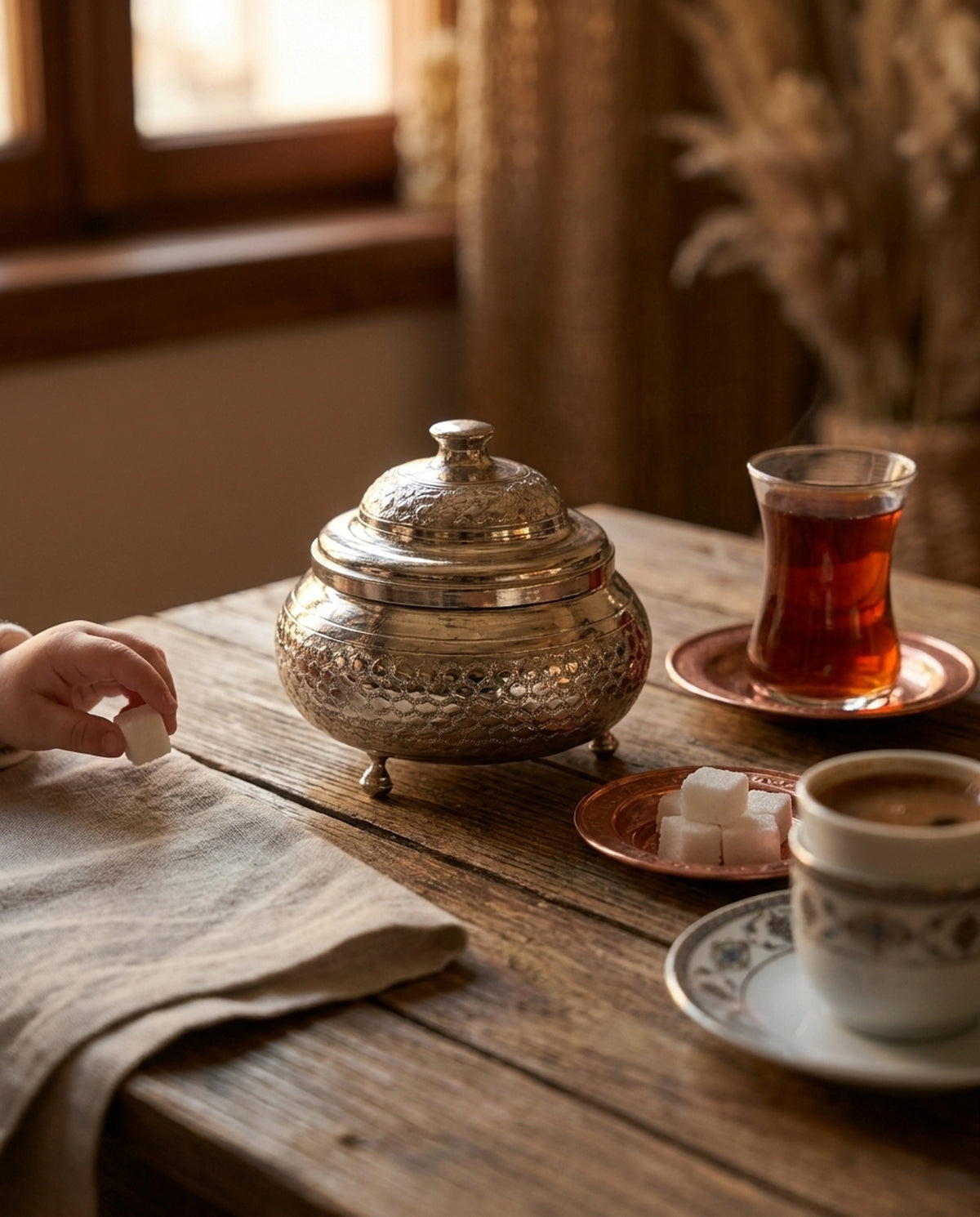 Ahşap masada kahve ve çay sunumu eşliğinde duran bakır şekerlik ve küp şeker tutan çocuk eli. - Gaziantep Bakırcılık