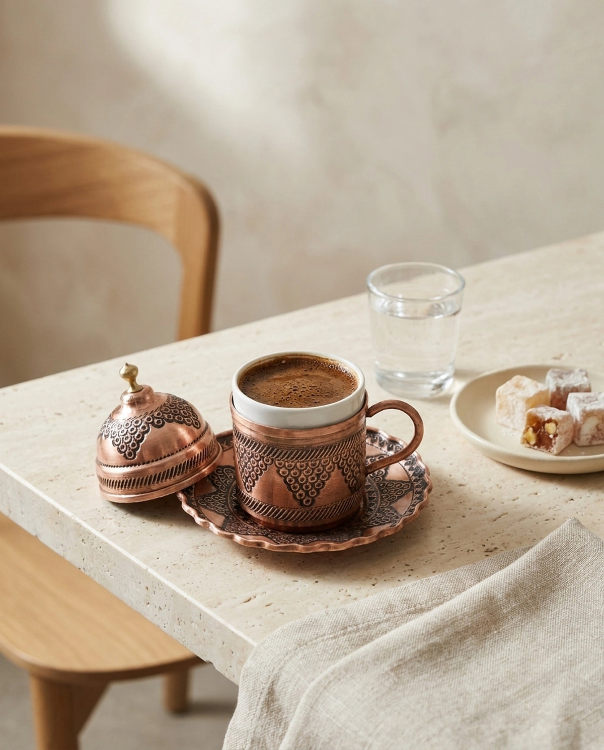 Masa üzerinde içi kahve dolu bakır fincan, lokum ve su bardağı ile hazırlanan sunum konsepti. - Gaziantep Bakırcılık