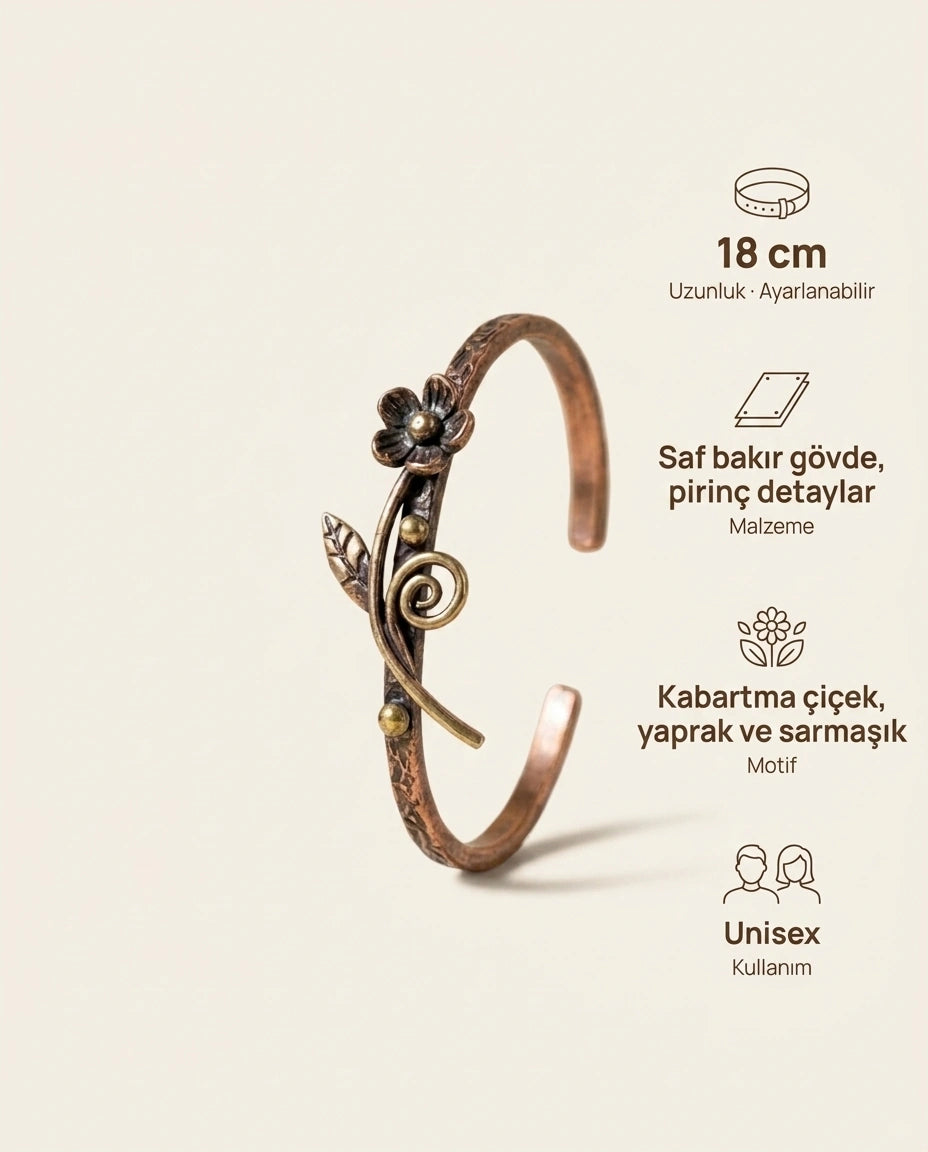 Kabartma Çiçek ve Yaprak Motifli Bakır Kelepçe Bileklik - Bilgi İnfografiği - Gaziantep Bakırcılık