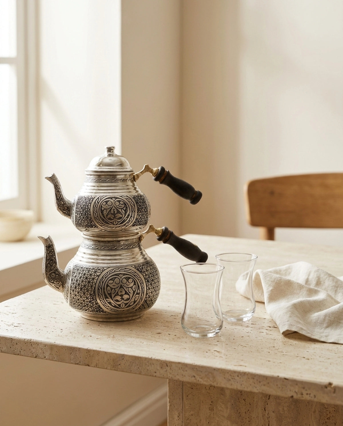 Masa üzerinde iki boş çay bardağı ve peçete ile birlikte sunulan işlemeli bakır çaydanlık. - Gaziantep Bakırcılık