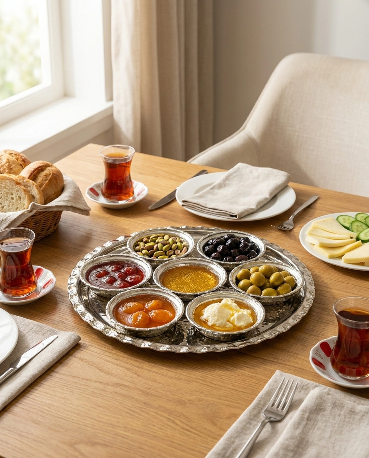 Ahşap masa üzerinde peynir, ekmek ve çay eşliğinde kurulan zengin bakır kahvaltı seti sunumu - Gaziantep Bakırcılık