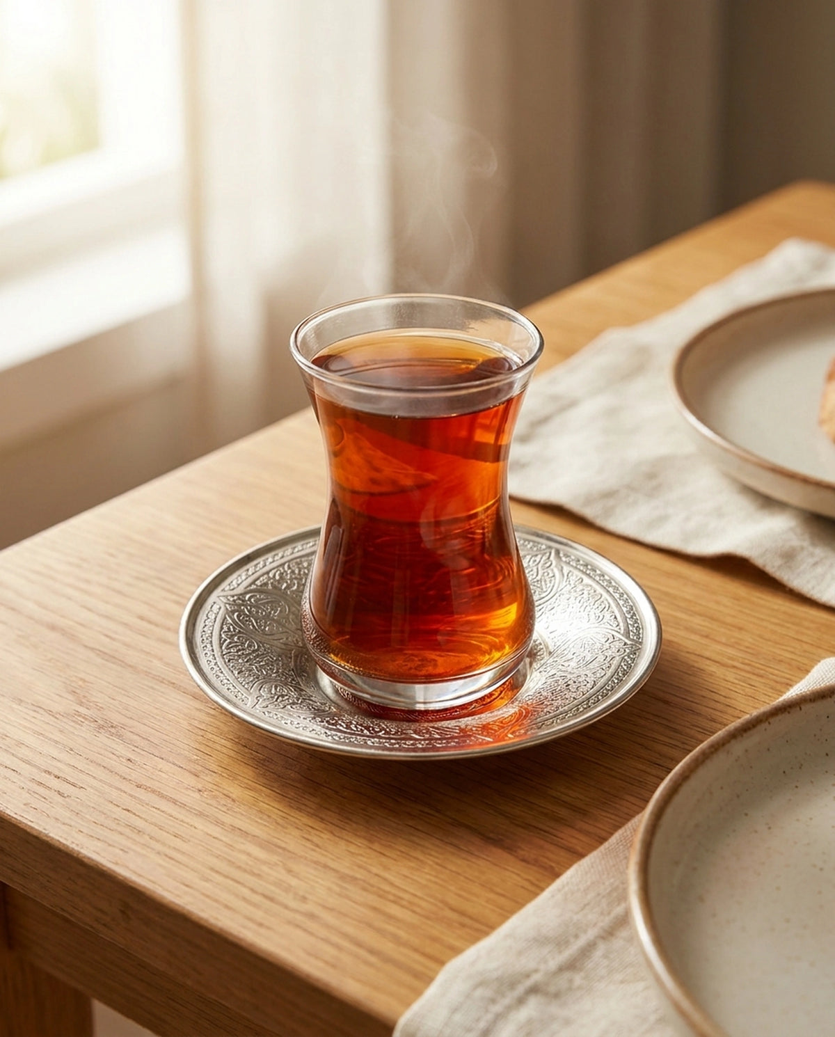 Ahşap masada işlemeli bakır altlık üzerinde sunulan dumanı tüten ince belli çay bardağı. - Gaziantep Bakırcılık