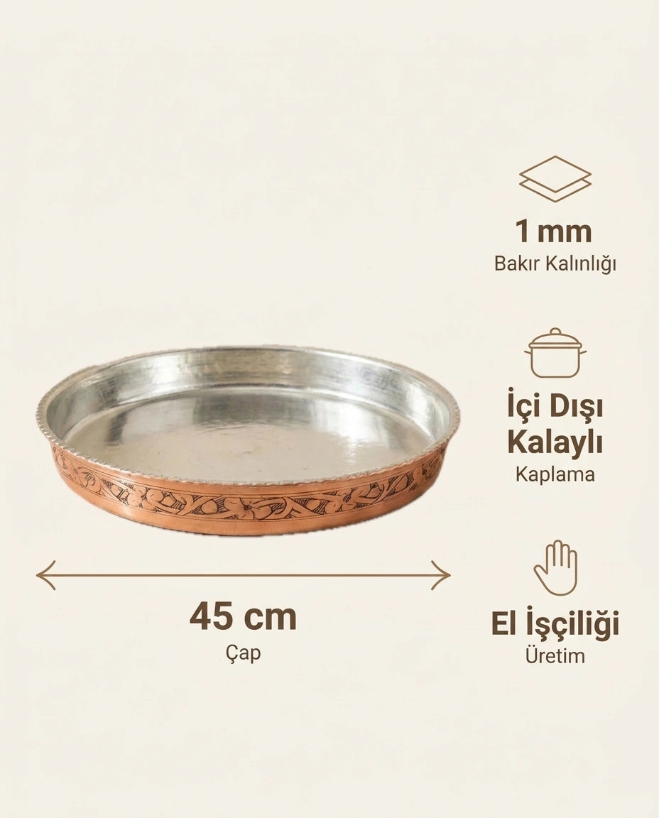 Kalem İşi Çiçek Desenli Kızıl Bakır Fırın Tepsisi 45 cm, Antep İşi - Bilgi İnfografiği - Gaziantep Bakırcılık