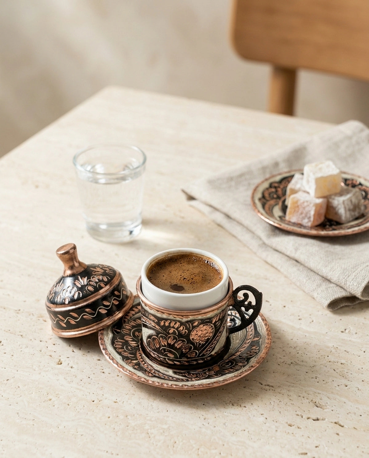 Setteki eskitme bakır fincanın kapağı açık halde kahve, lokum ve su ile sunum sahnesi. - Gaziantep Bakırcılık