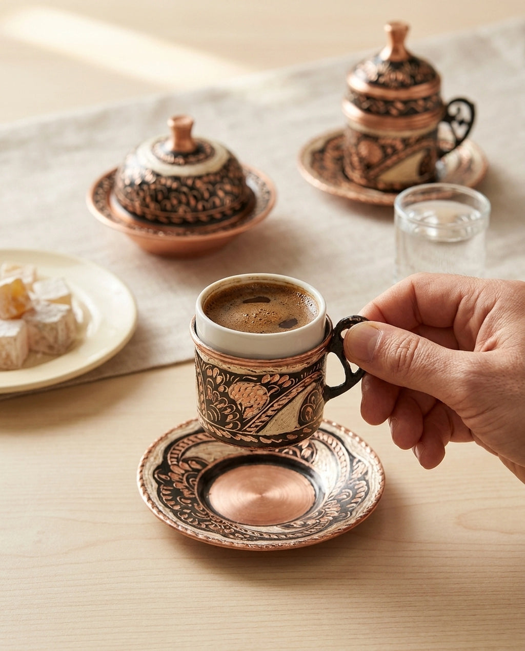 Eskitme bakır fincanı işlemeli kulbundan tutan el ve masadaki kalem işi fincan tabağı detayı. - Gaziantep Bakırcılık