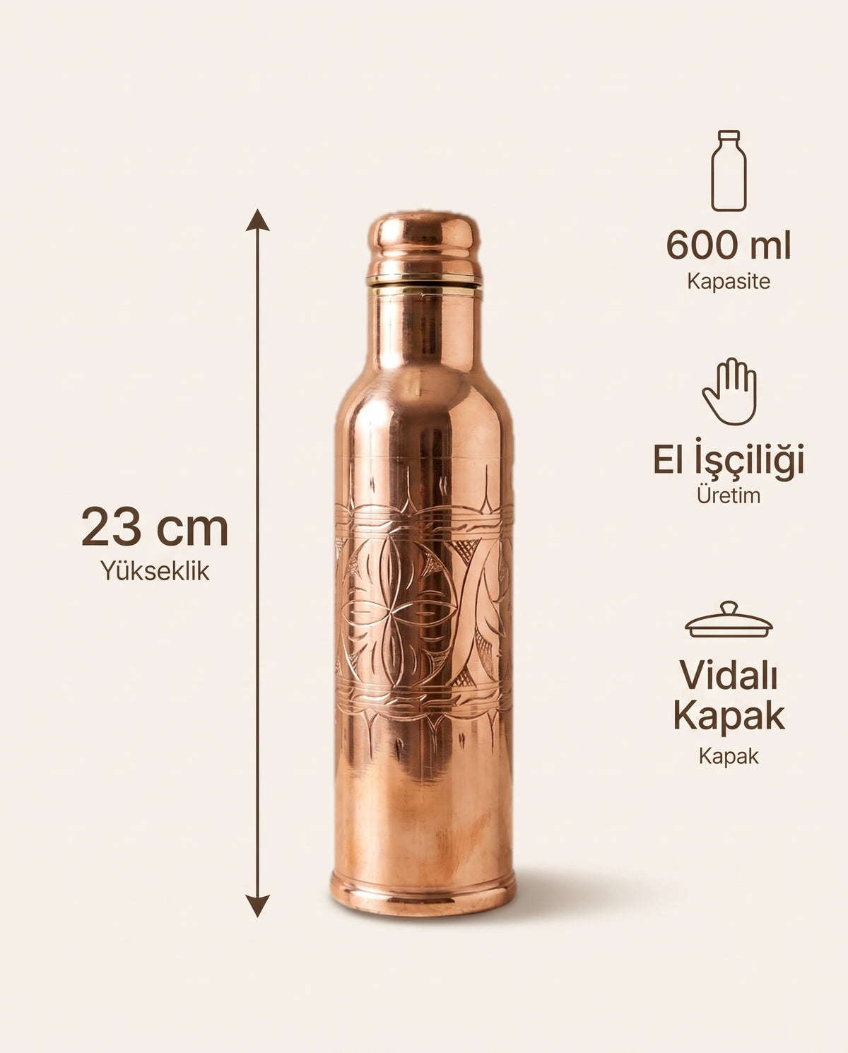 Kalem İşi Geometrik Desenli Kızıl Bakır Matara 600 ml, Antep İşi - Bilgi İnfografiği - Gaziantep Bakırcılık
