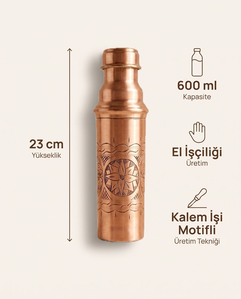 Kalem İşi Geometrik Motifli Kızıl Bakır Matara 600 ml, Antep İşi - Bilgi İnfografiği - Gaziantep Bakırcılık
