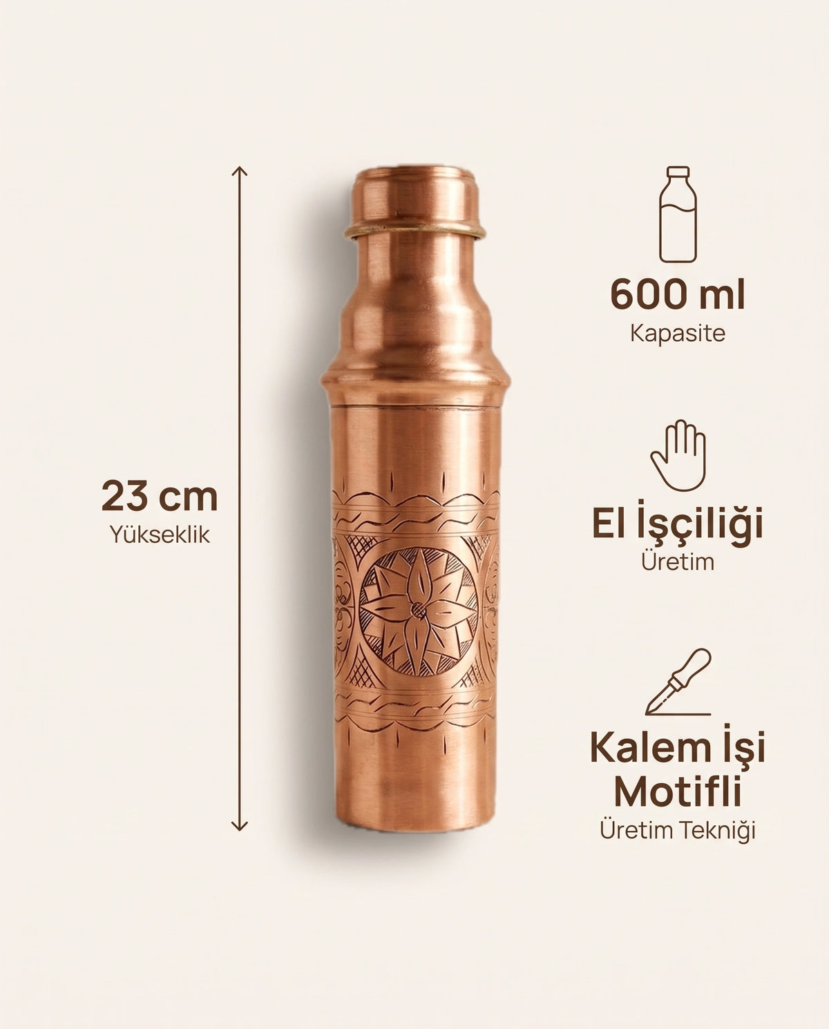Kalem İşi Geometrik Motifli Kızıl Bakır Matara 600 ml, Antep İşi - Bilgi İnfografiği - Gaziantep Bakırcılık