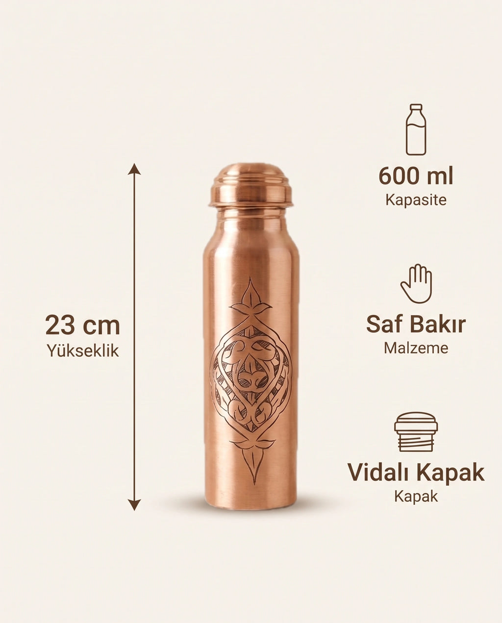 Kalem İşi Madalyon Motifli Kızıl Bakır Matara 600 ml, Kalaylı ve Kalaysız Seçenekli - Bilgi İnfografiği - Gaziantep Bakırcılık