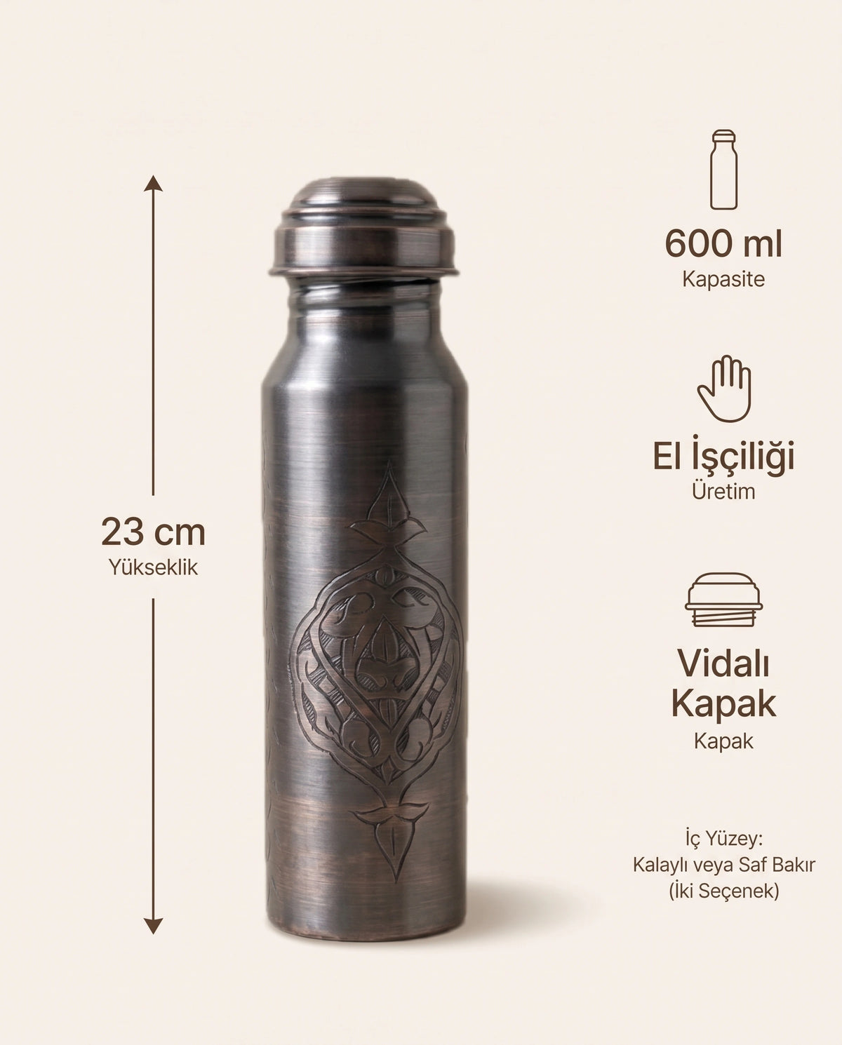 Kalem İşi Madalyon Motifli Oksitli Eskitme Bakır Matara 600 ml, Kalaylı ve Kalaysız Seçenekli - Bilgi İnfografiği - Gaziantep Bakırcılık