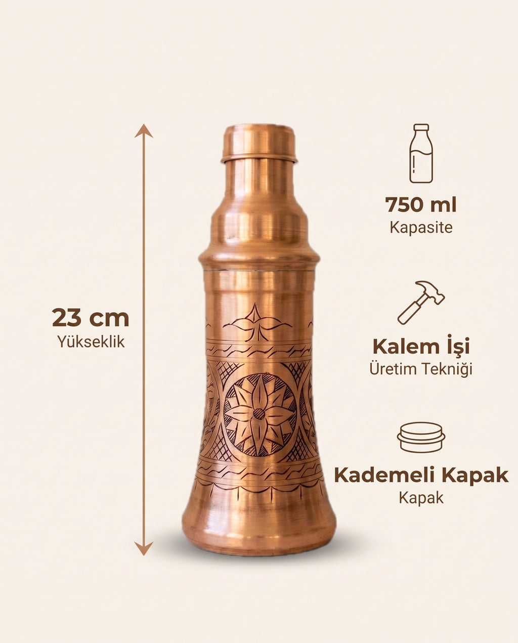 Kalem İşi Motifli Kızıl Bakır Matara 750 ml Kademeli Kapaklı - Bilgi İnfografiği - Gaziantep Bakırcılık