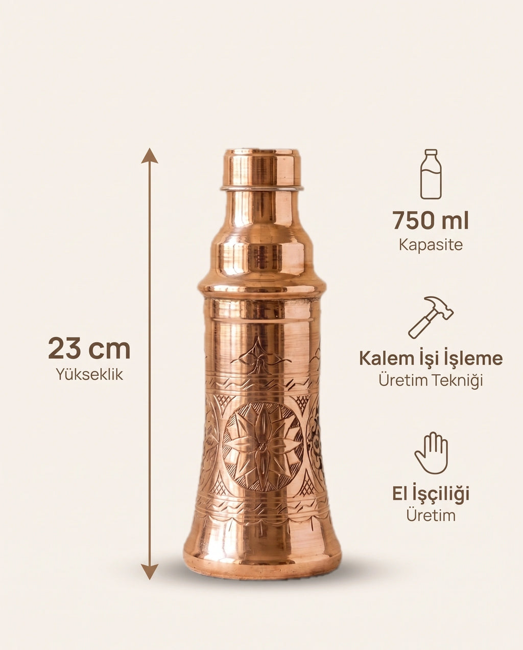 Kalem İşi Motifli Kızıl Bakır Matara 750 ml Vidalı Kapaklı, Antep İşi - Bilgi İnfografiği - Gaziantep Bakırcılık