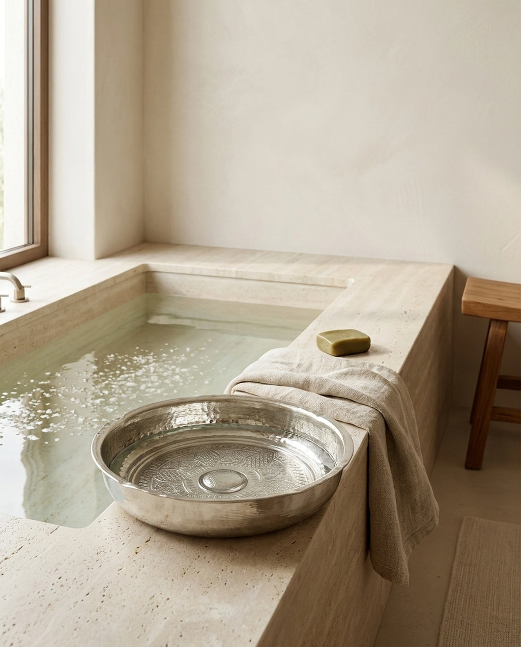 Su dolu mermer küvetin kenarında duran gümüş renkli bakır hamam tası ve havlu. - Gaziantep Bakırcılık