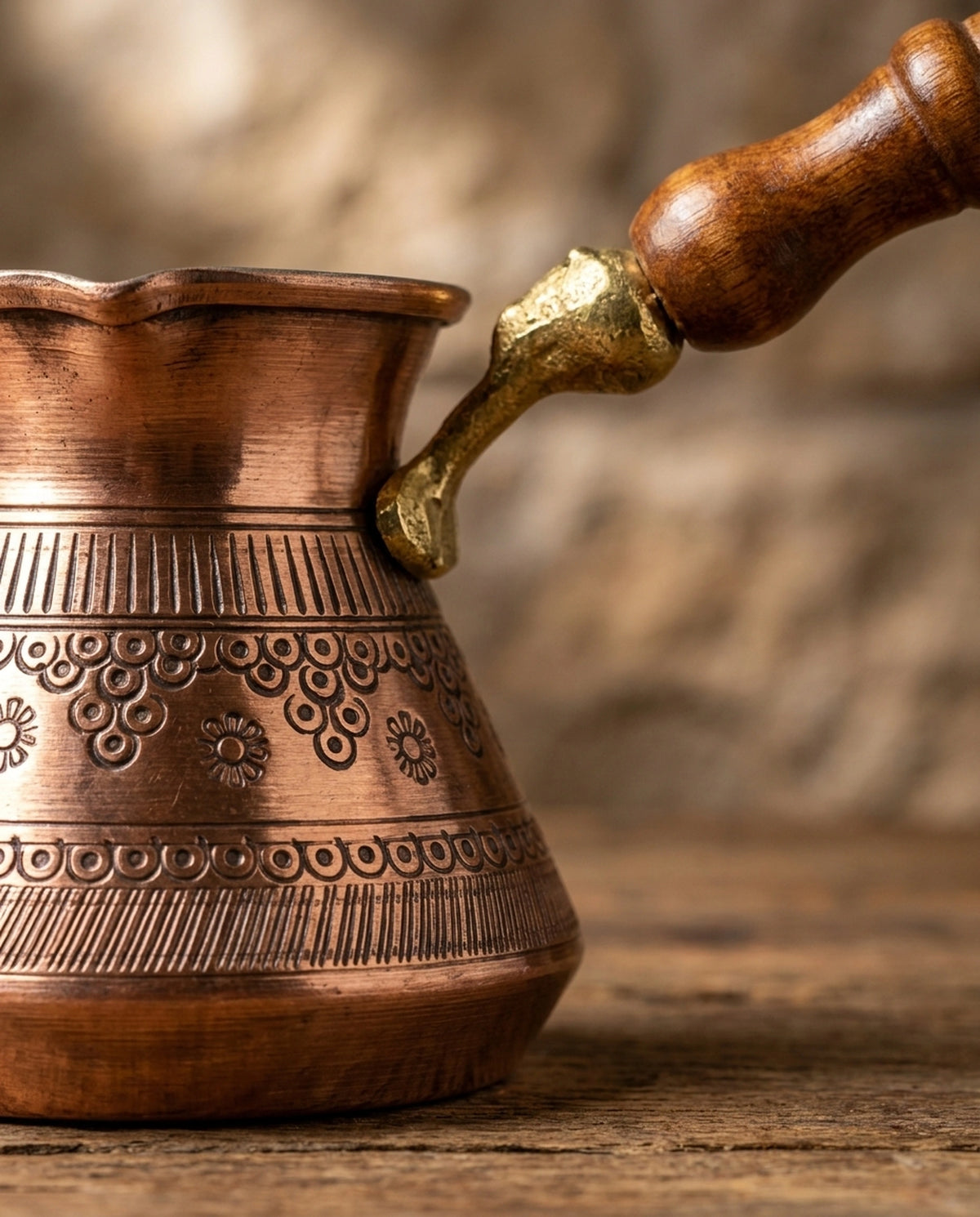 Ahşap kulpun gövdeyle birleştiği pirinç döküm noktası ve gövdedeki ince kalem işçiliği detayı. - Gaziantep Bakırcılık