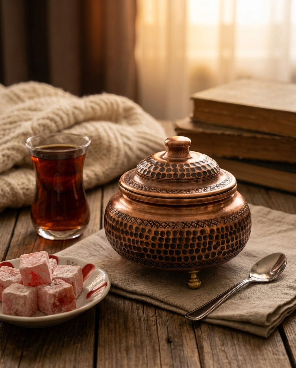 Ahşap masa üzerinde bir tabak lokum ve çay bardağı eşliğinde sunulan petek desenli bakır şekerlik. - Gaziantep Bakırcılık