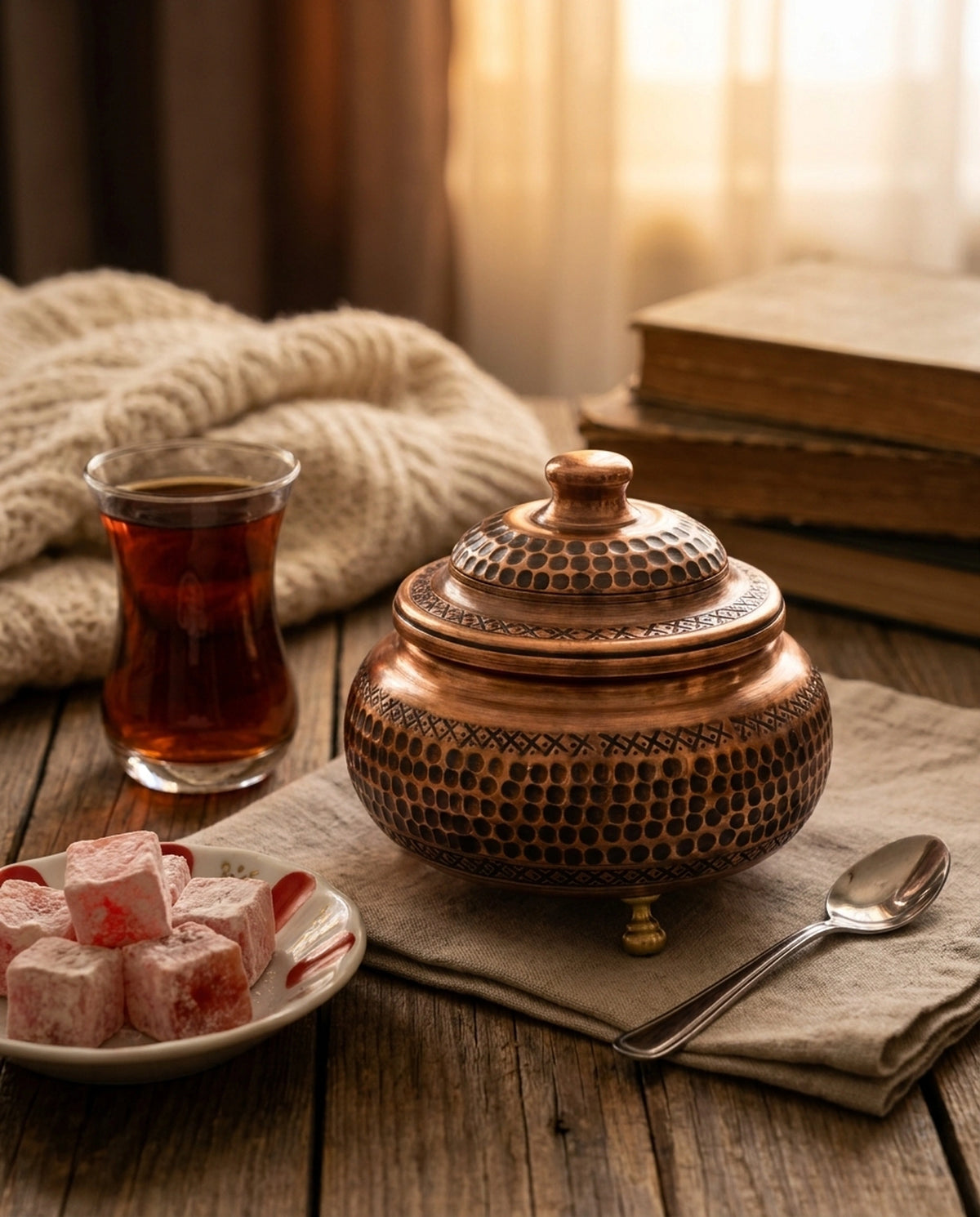 Ahşap masa üzerinde bir tabak lokum ve çay bardağı eşliğinde sunulan petek desenli bakır şekerlik. - Gaziantep Bakırcılık