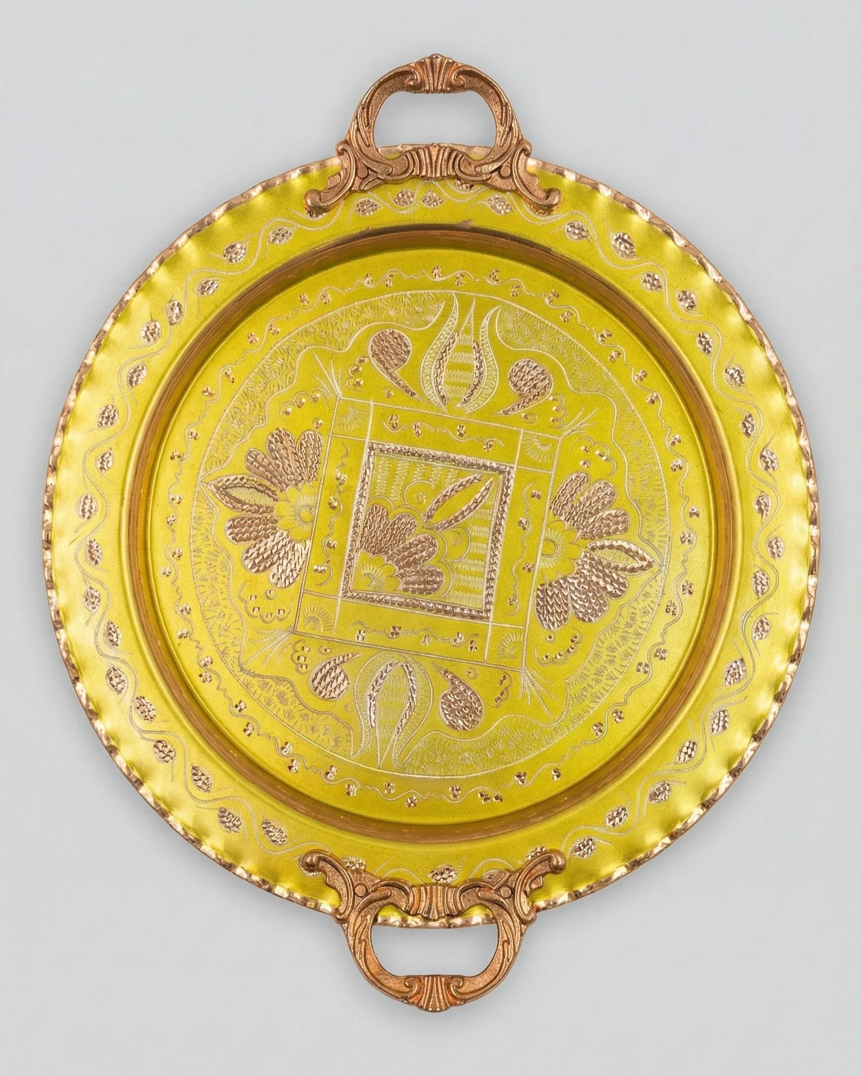 Antep Lale Motifli - Sarı Bakır Tepsi - 28 cm