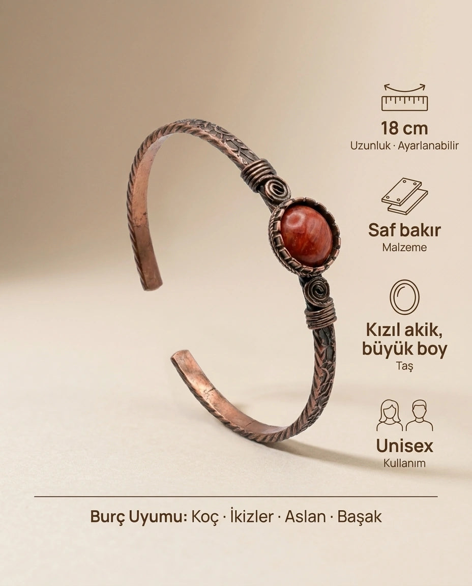 Kızıl Taşlı Spiral Motifli Eskitme Bakır Kelepçe - Bilgi İnfografiği - Gaziantep Bakırcılık