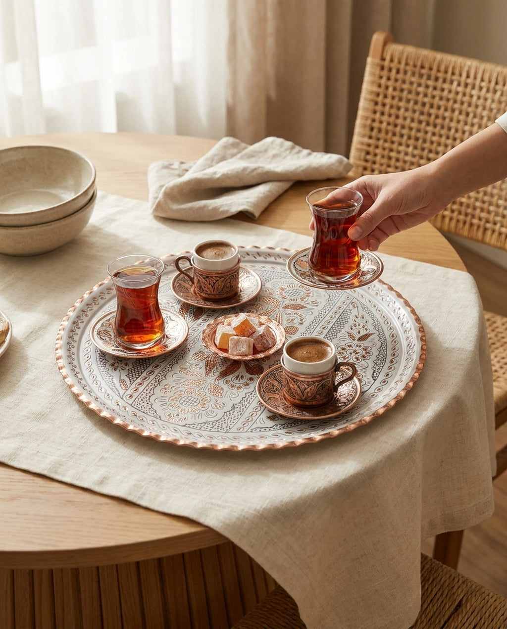 Masa üzerindeki beyaz bakır tepsideki çay ve kahve sunumundan ince belli bardağı alan kadın eli - Gaziantep Bakırcılık