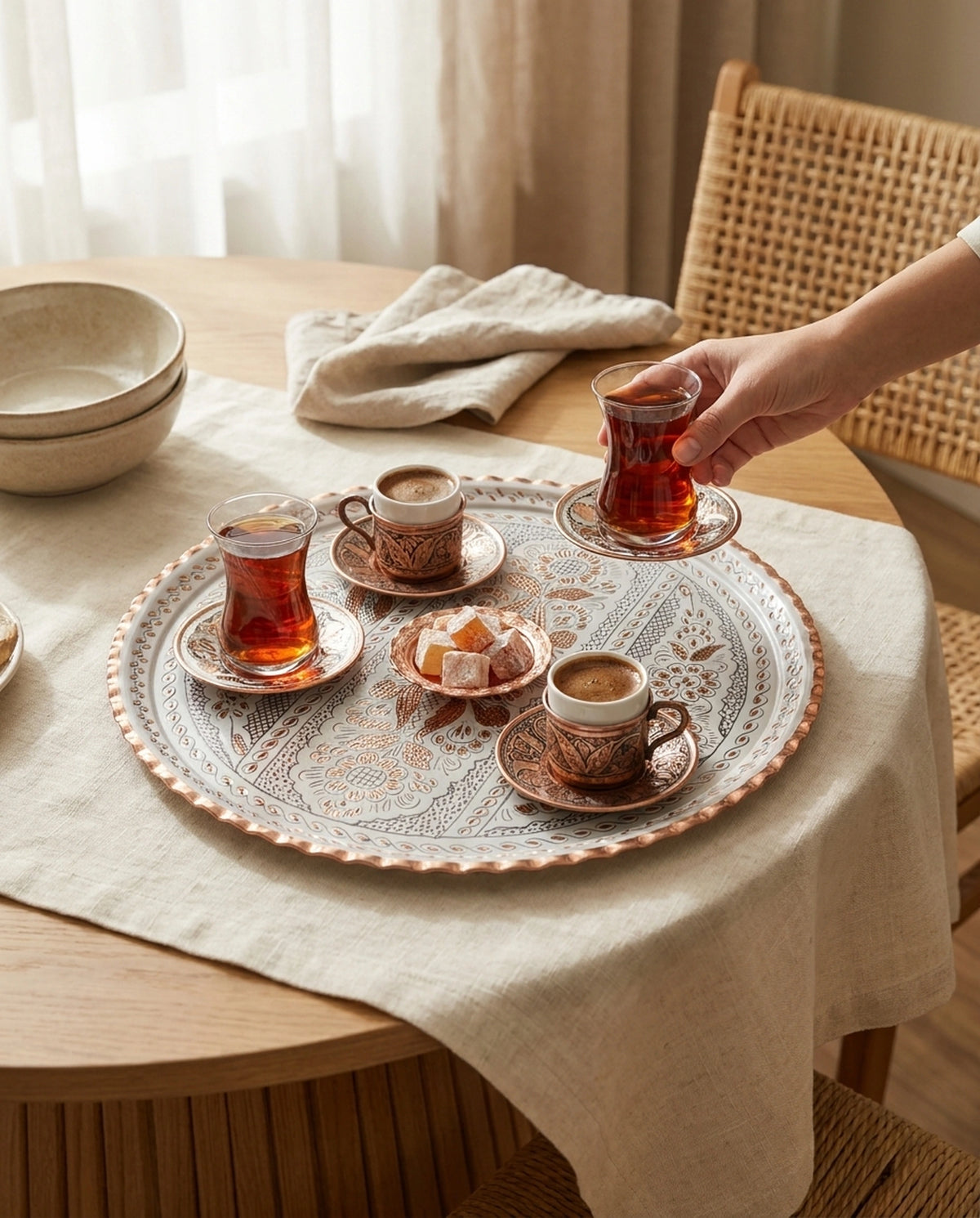 Masa üzerindeki beyaz bakır tepsideki çay ve kahve sunumundan ince belli bardağı alan kadın eli - Gaziantep Bakırcılık