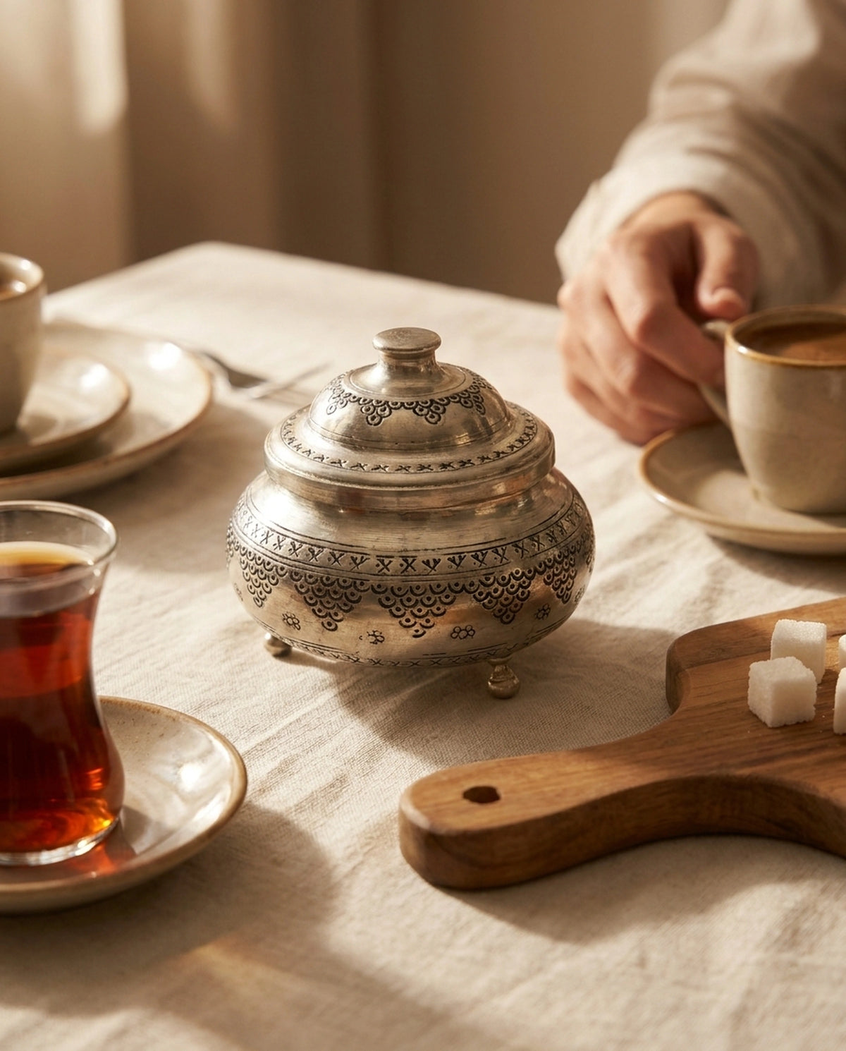 Çay ve kahve eşliğinde, şık bir sofra düzeninde sergilenen işlemeli bakır şekerlik. - Gaziantep Bakırcılık