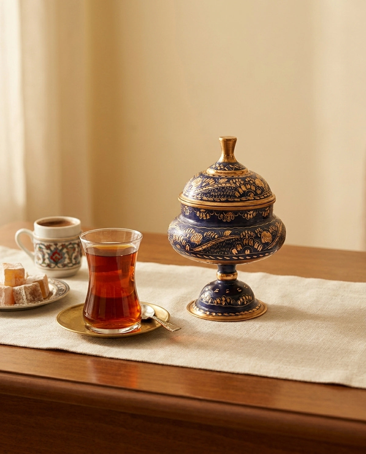 Masa üzerinde çay bardağı ve lokum ile birlikte geleneksel sunumda kullanılan mavi şekerlik. - Gaziantep Bakırcılık