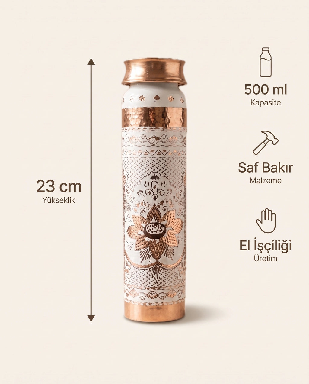 Mine İşlemeli Beyaz Bakır Matara 500 ml, Antep İşi - Bilgi İnfografiği - Gaziantep Bakırcılık