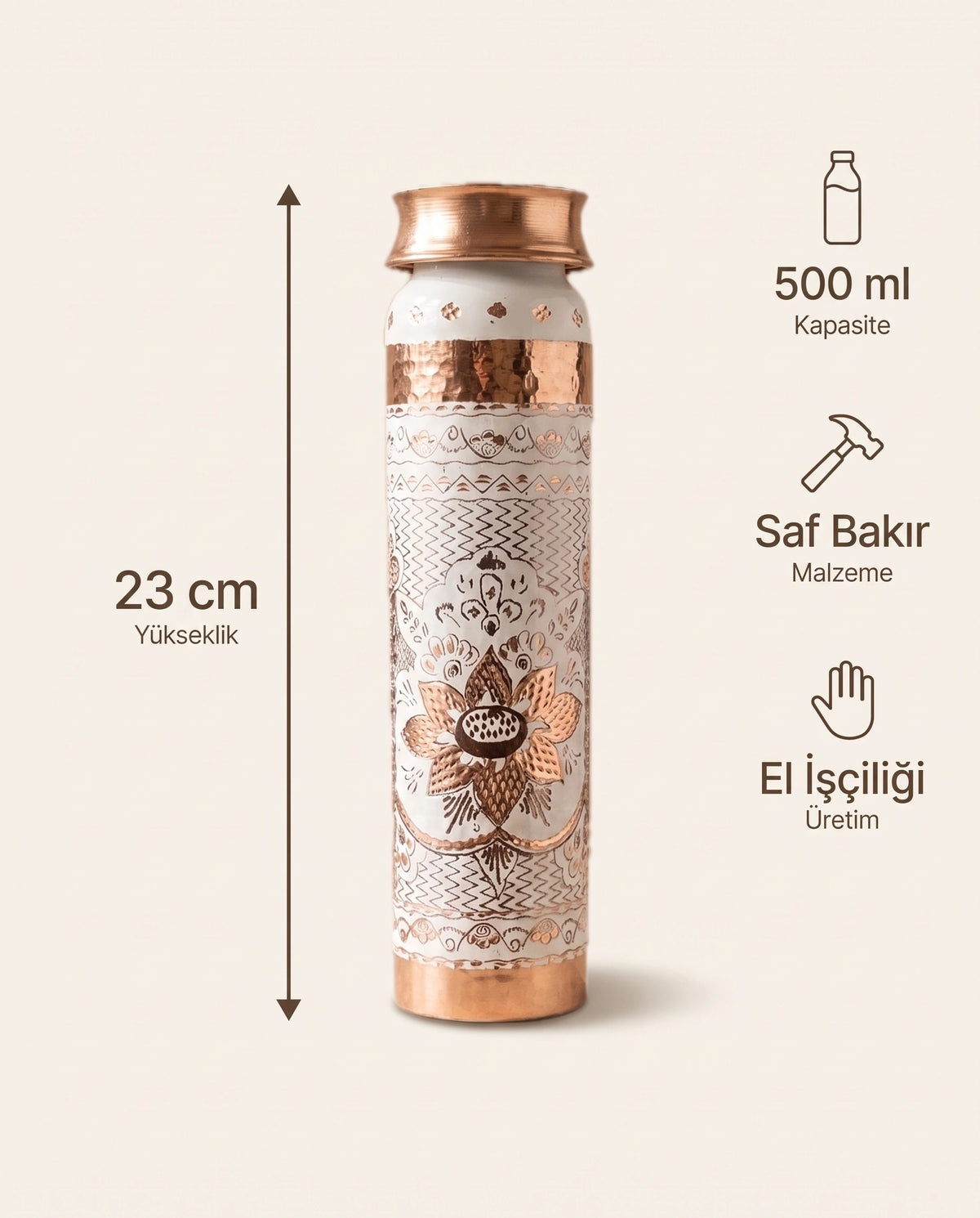 Mine İşlemeli Beyaz Bakır Matara 500 ml, Antep İşi - Bilgi İnfografiği - Gaziantep Bakırcılık