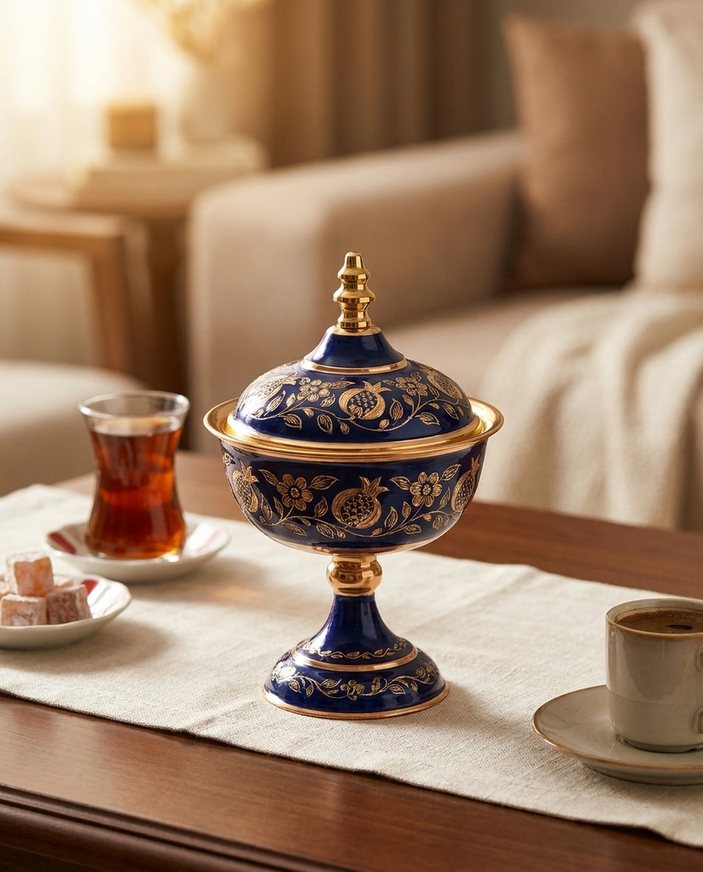 Çay, Türk kahvesi ve lokum eşliğinde ahşap masada sergilenen ayaklı mineli bakır şekerlik. - Gaziantep Bakırcılık
