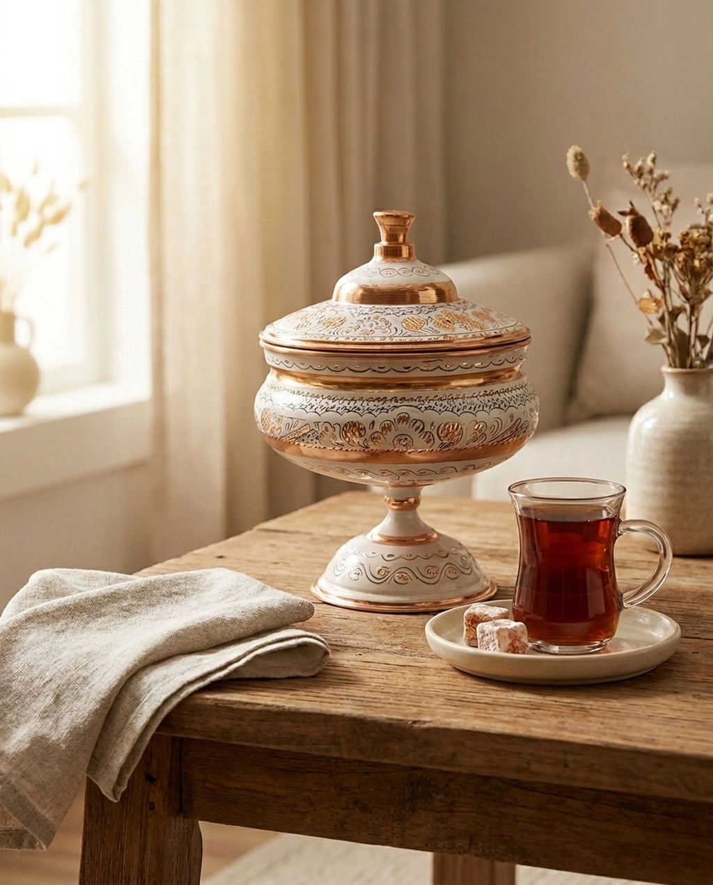 Çay saati konseptiyle ahşap masada sergilenen, kapağı kapalı, mine ve nakış detaylı bakır şekerlik. - Gaziantep Bakırcılık