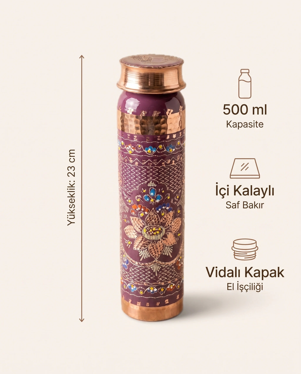 Mine İşlemeli Mor Bakır Matara 500 ml, Antep İşi - Bilgi İnfografiği - Gaziantep Bakırcılık