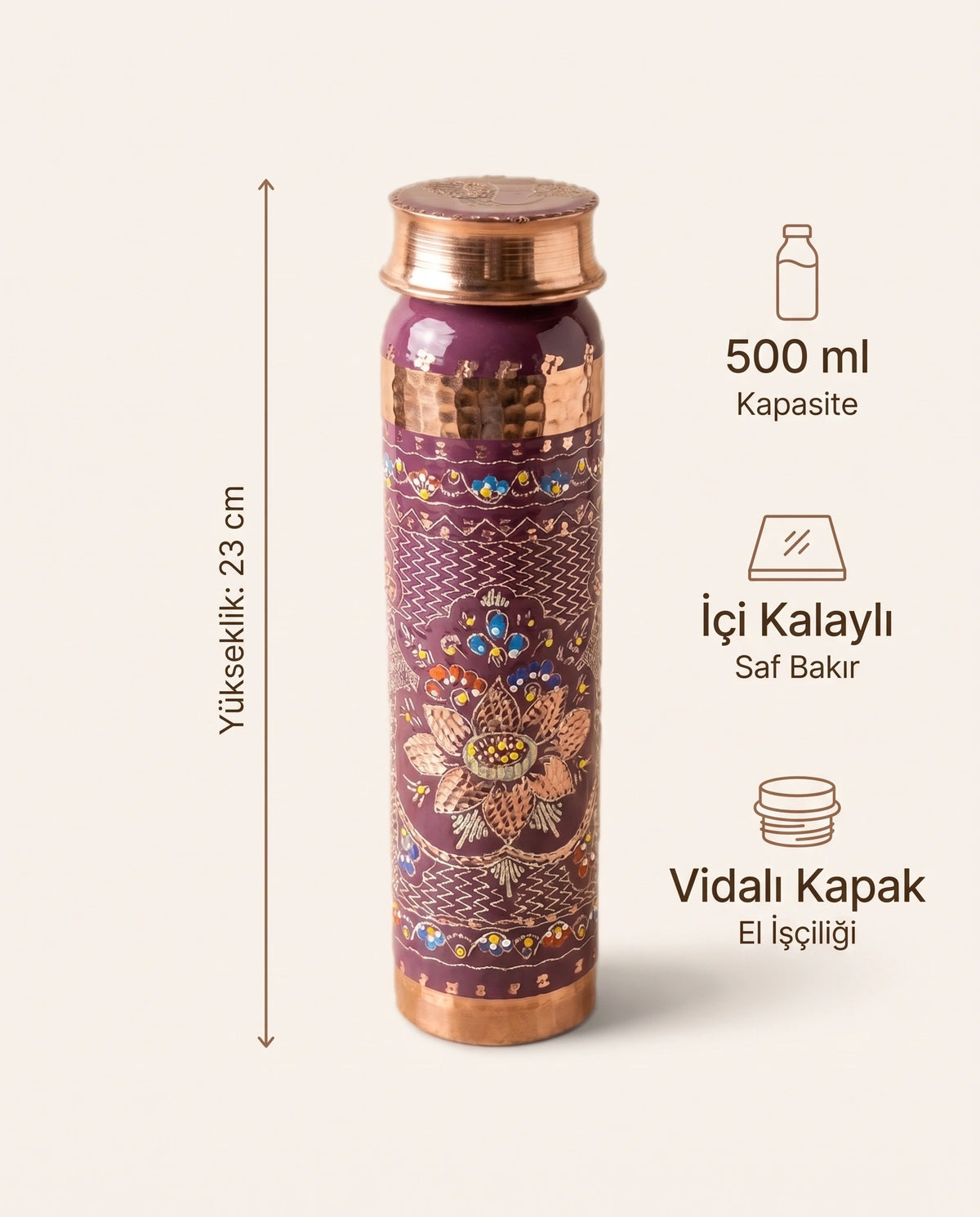 Mine İşlemeli Mor Bakır Matara 500 ml, Antep İşi - Bilgi İnfografiği - Gaziantep Bakırcılık