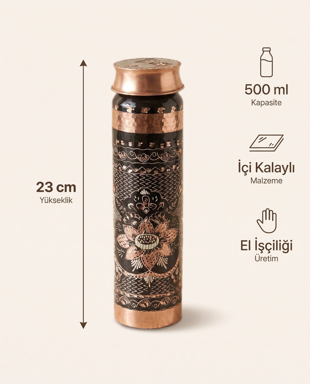 Mine İşlemeli Siyah Bakır Matara 500 ml, Antep İşi - Bilgi İnfografiği - Gaziantep Bakırcılık