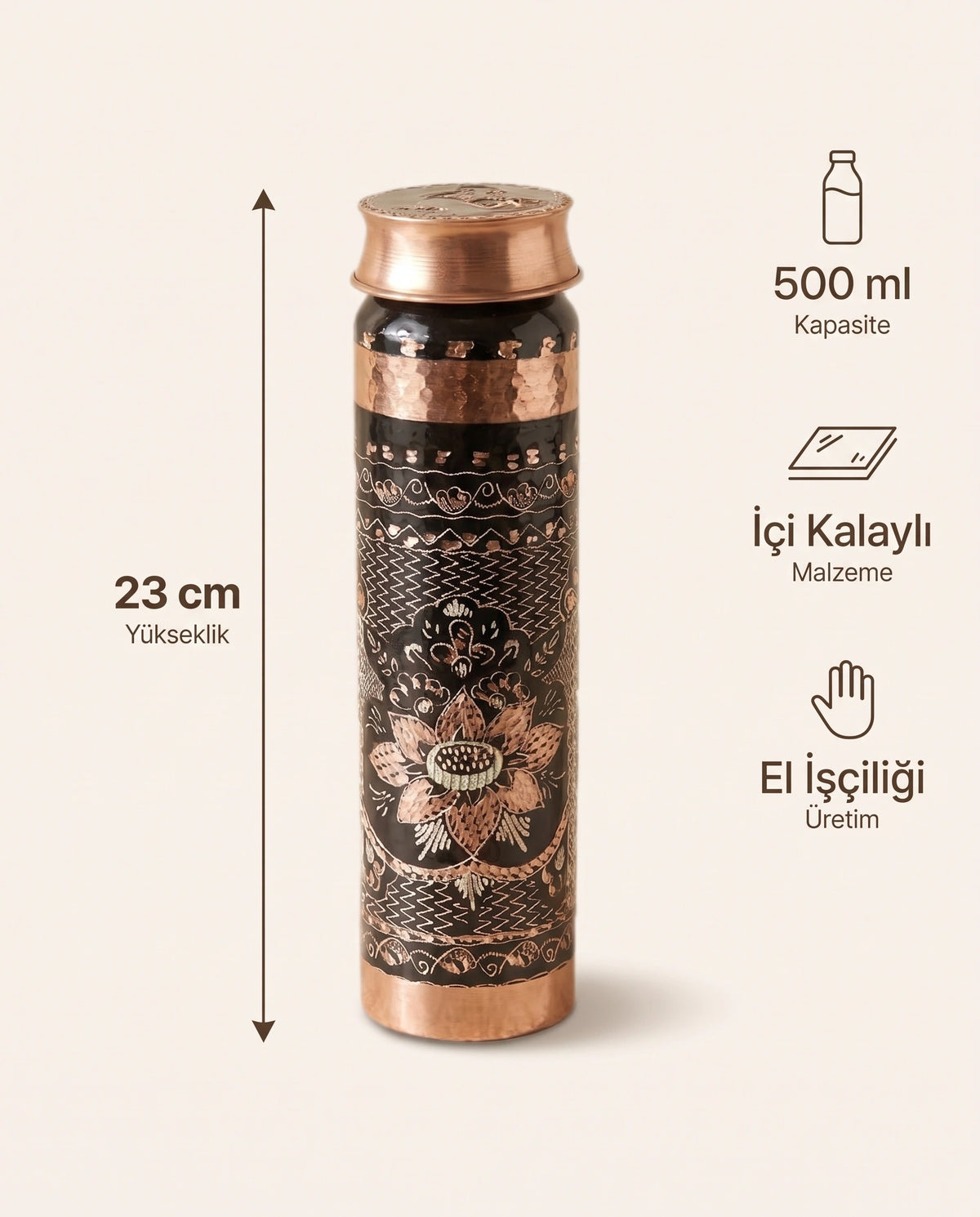Mine İşlemeli Siyah Bakır Matara 500 ml, Antep İşi - Bilgi İnfografiği - Gaziantep Bakırcılık