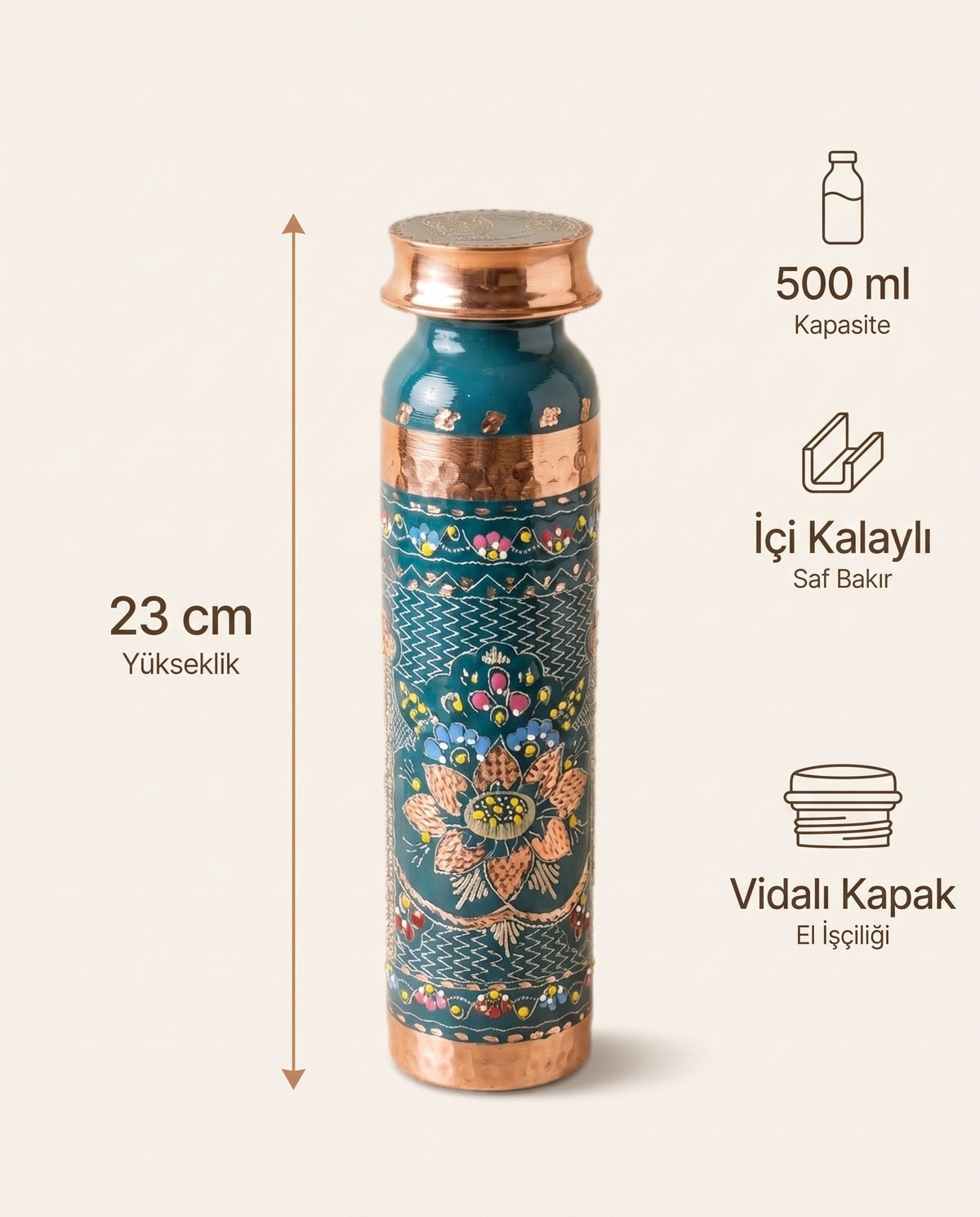 Mine İşlemeli Turkuaz Bakır Matara 500 ml, Antep İşi - Bilgi İnfografiği - Gaziantep Bakırcılık