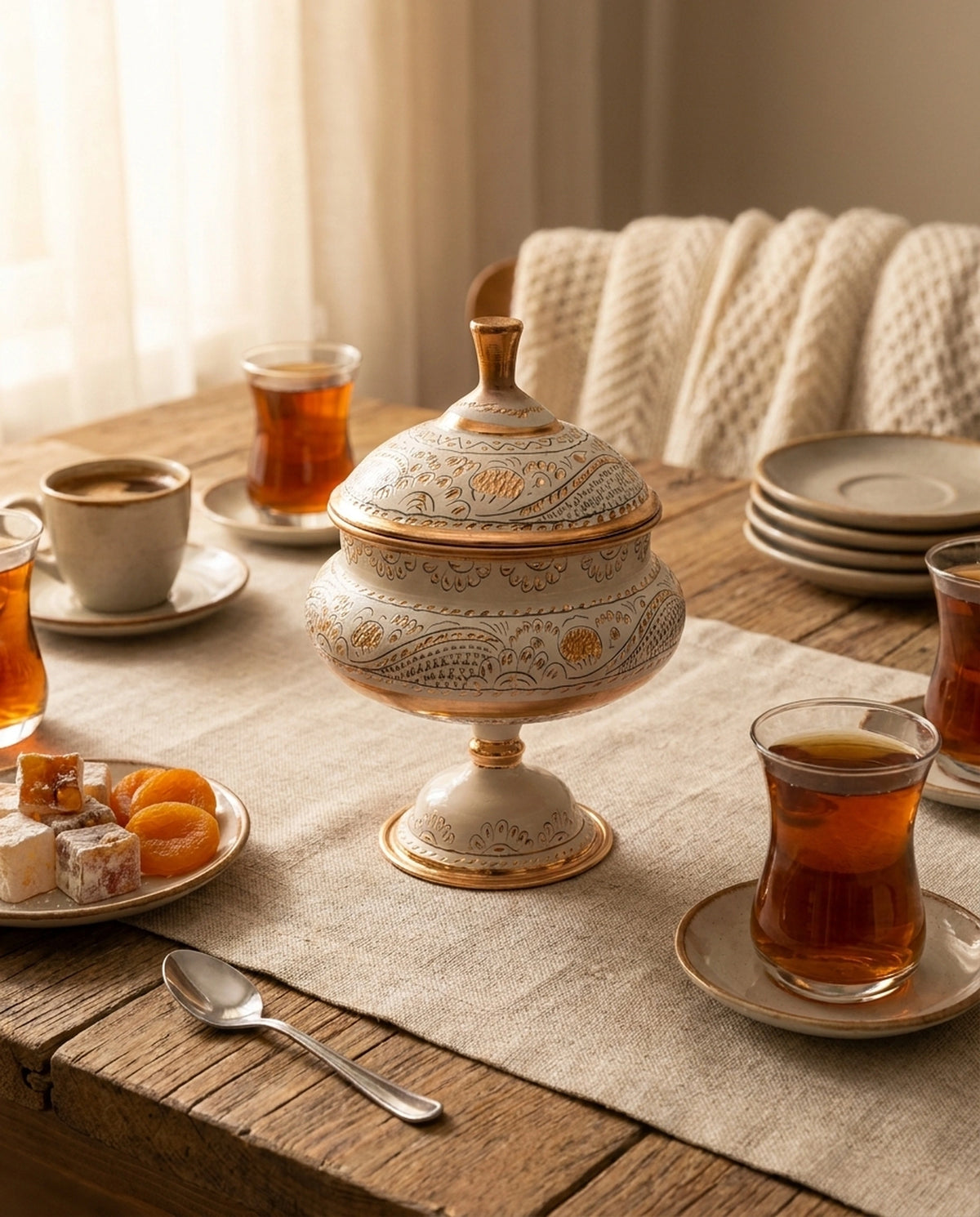 Ahşap sofrada çay bardakları ve lokumlarla birlikte sunulan Antep işi kapaklı bakır şekerlik. - Gaziantep Bakırcılık
