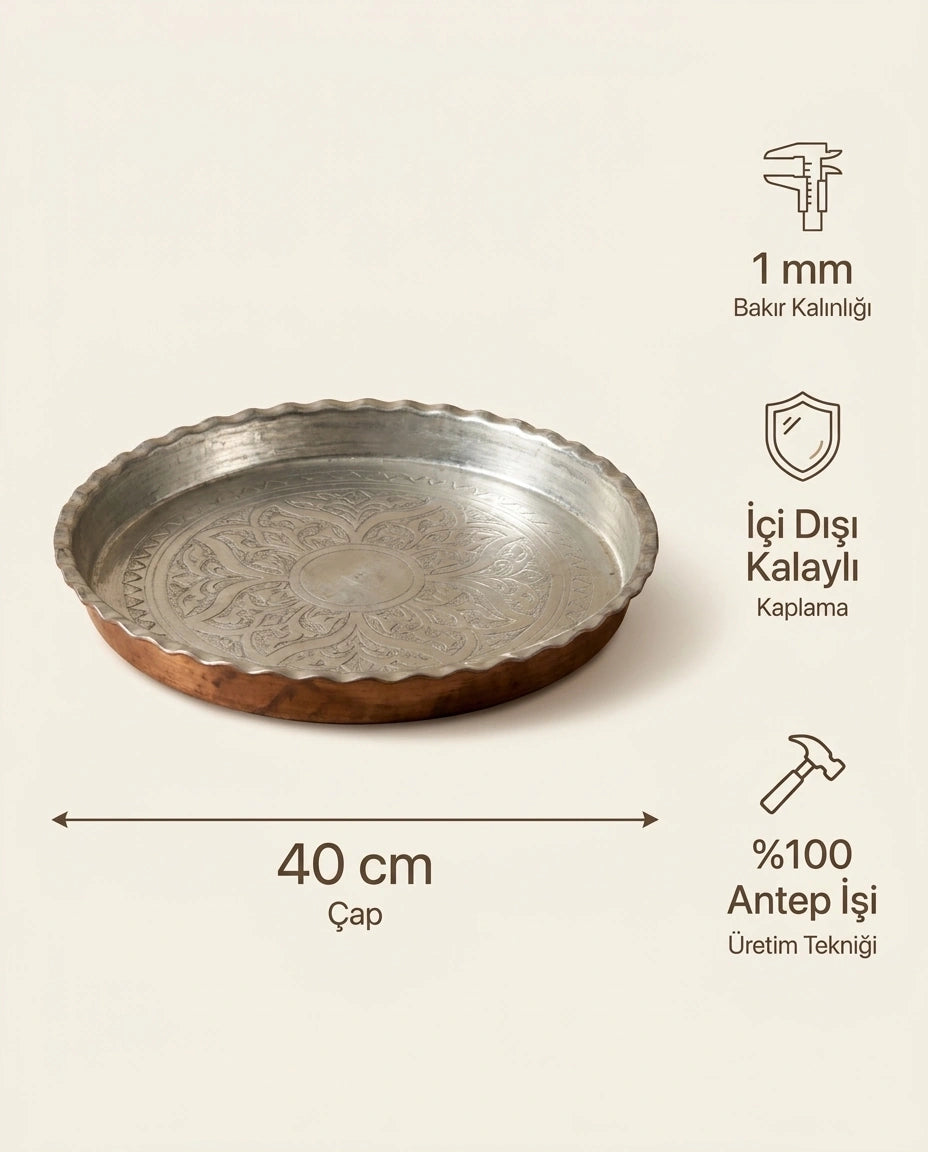 Oluklu Kenarlı Kızıl Bakır Fırın Tepsisi 40 cm, Antep İşi - Bilgi İnfografiği - Gaziantep Bakırcılık