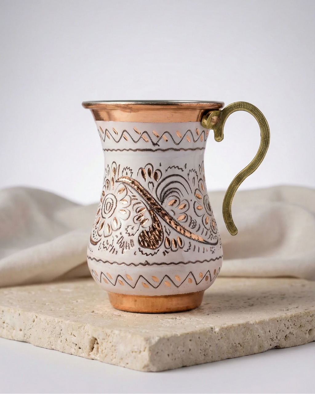 Antep İşi Çiçek Desenli Bakır Kupa - Beyaz (220 ml)