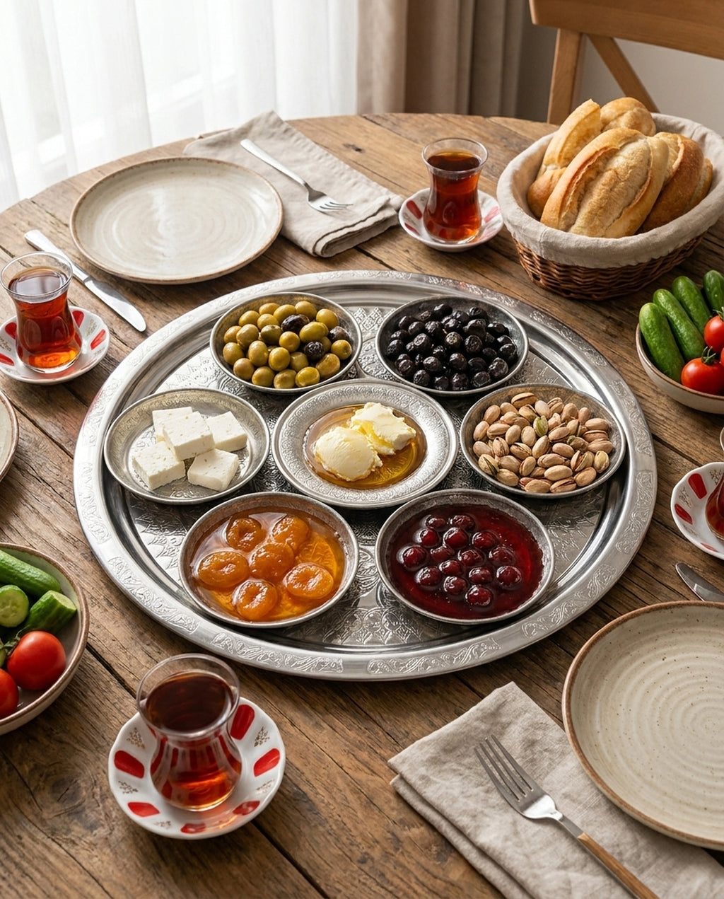 Tepsi içindeki tabaklarda peynir, zeytin ve reçel ile hazırlanan zengin kahvaltı sunumu. - Gaziantep Bakırcılık