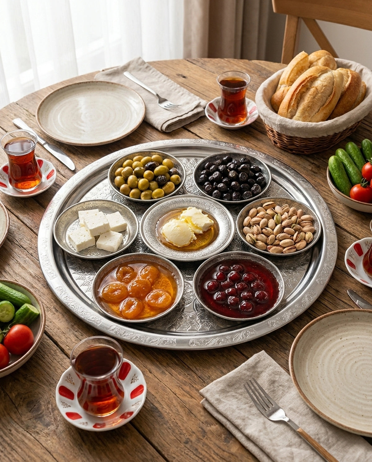 Tepsi içindeki tabaklarda peynir, zeytin ve reçel ile hazırlanan zengin kahvaltı sunumu. - Gaziantep Bakırcılık