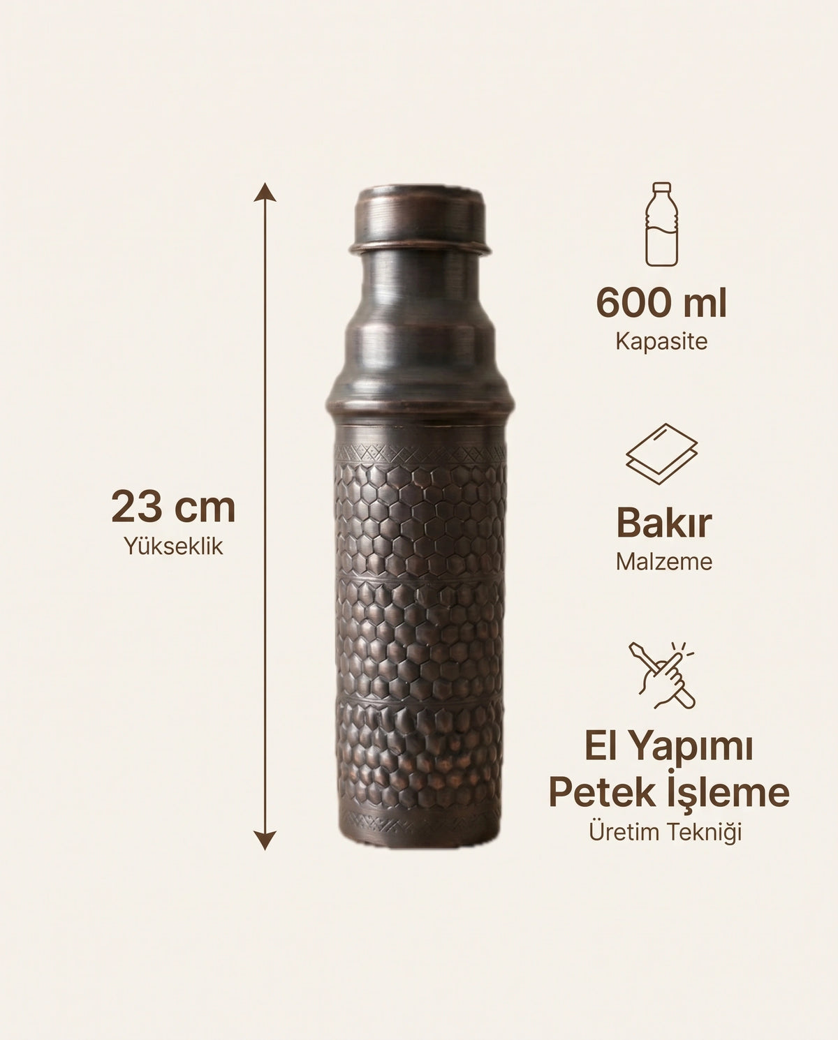Petek Desenli Oksitli Eskitme Bakır Matara 600 ml, Antep İşi - Bilgi İnfografiği - Gaziantep Bakırcılık
