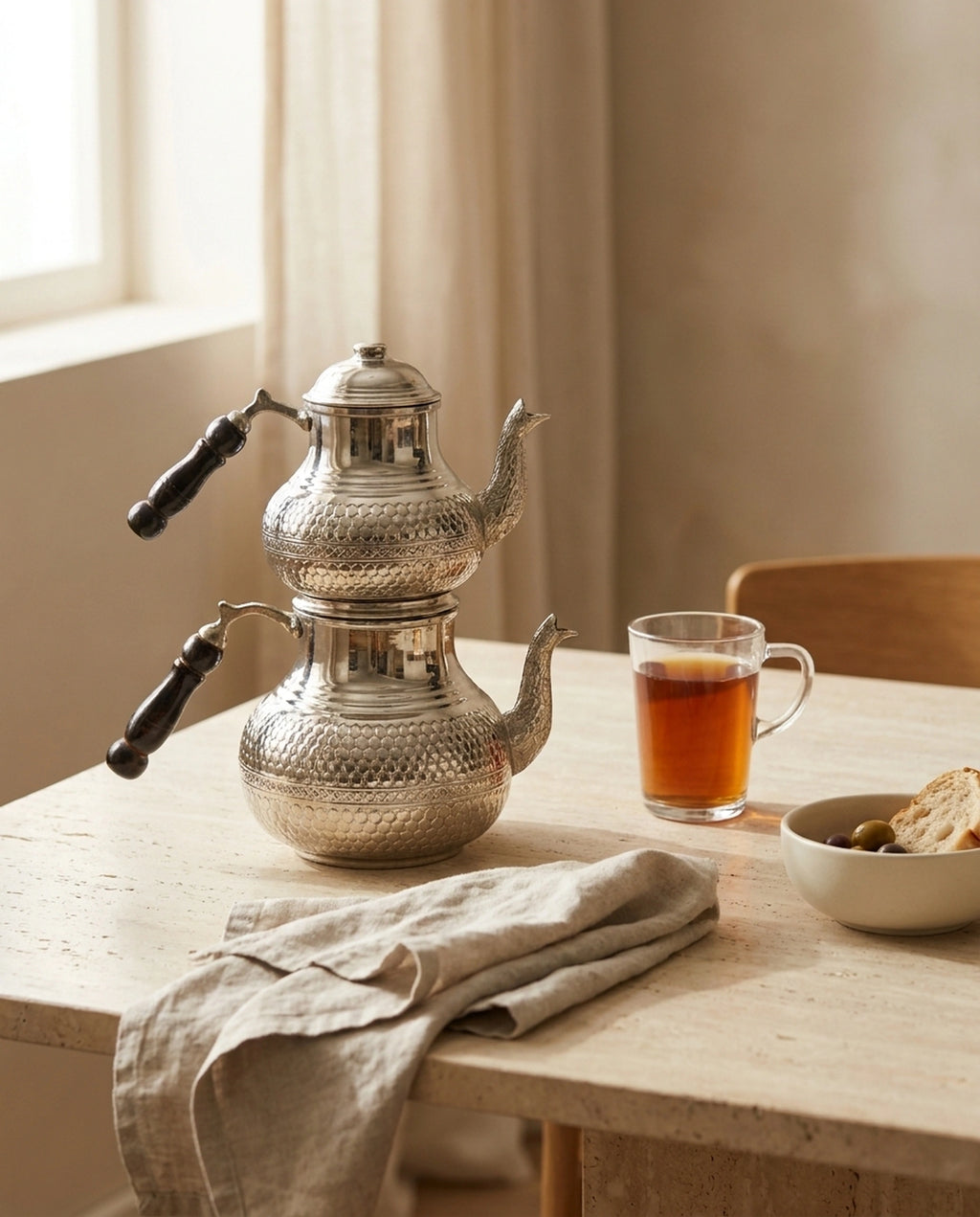 Petek desenli bakır çaydanlığın masada, bir bardak çay ve atıştırmalıklarla konsept sunumu. - Gaziantep Bakırcılık