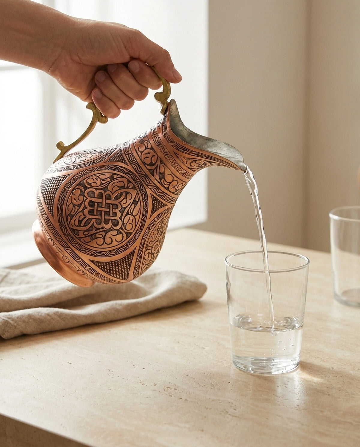 Bir kişinin pirinç kulplu kırmızı bakır sürahiden cam bardağa su doldurma anı - Gaziantep Bakırcılık