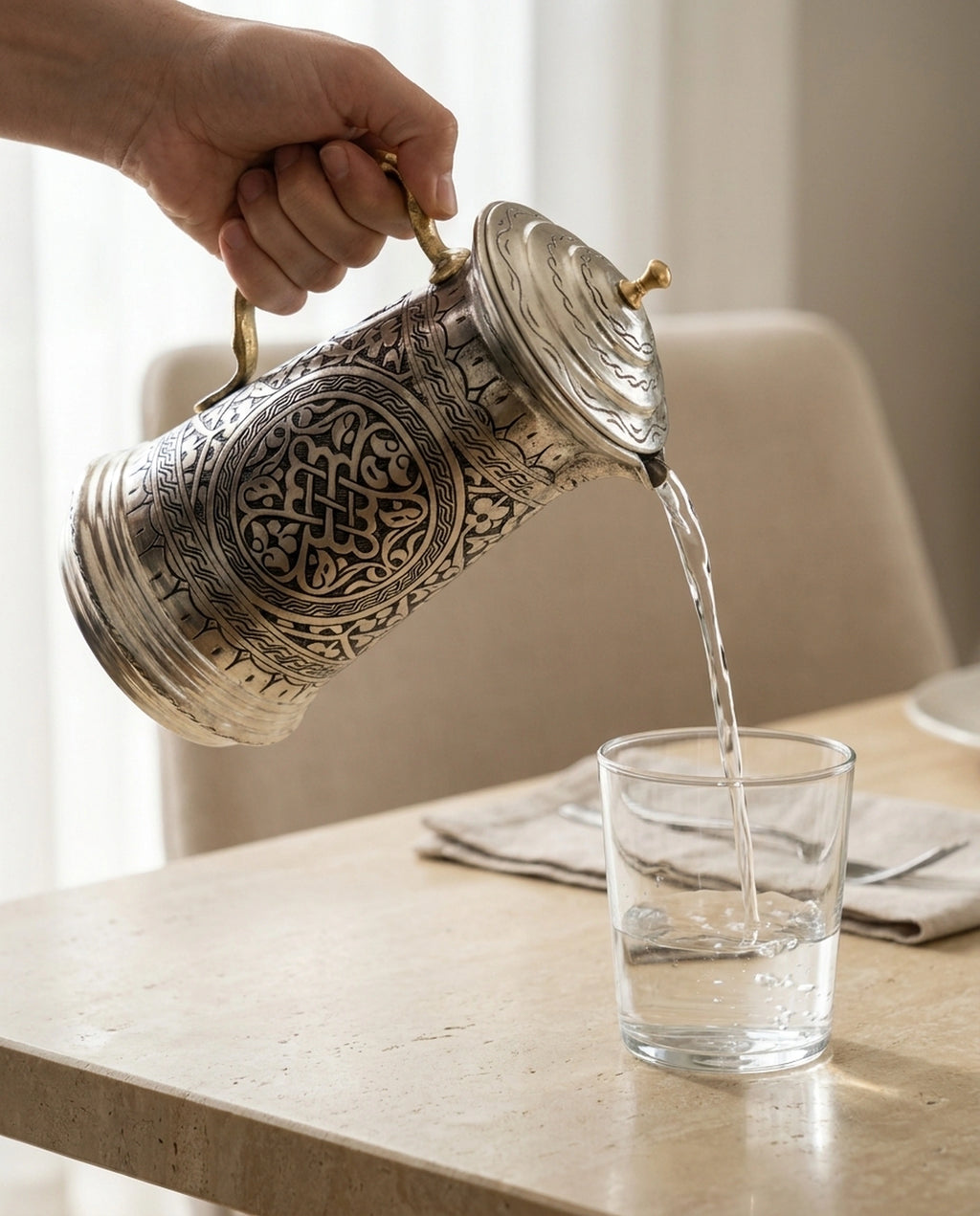El ile tutulan pirinç kulplu bakır sürahiden cam bardağa su doldurulma anı. - Gaziantep Bakırcılık